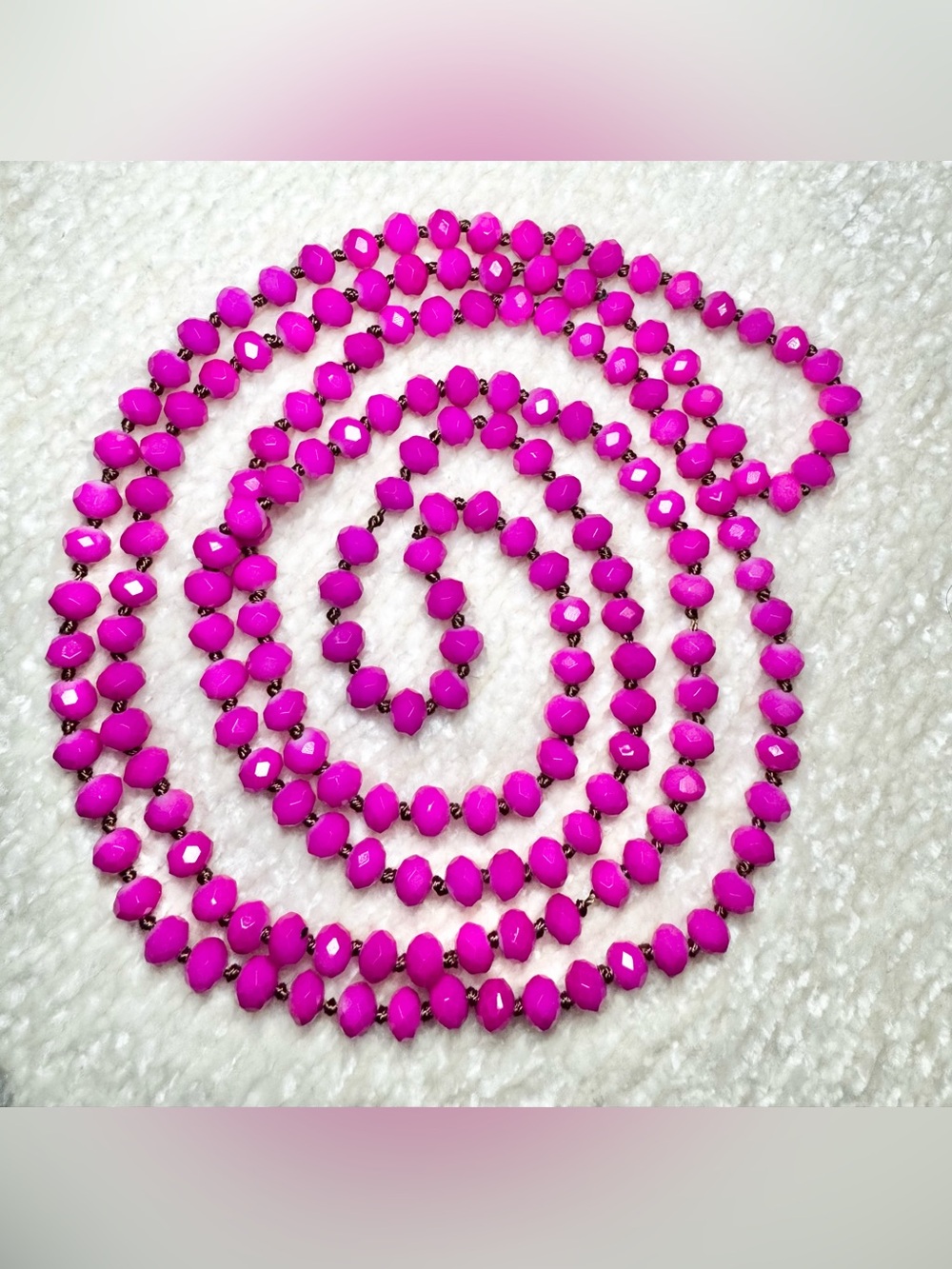 Vintage Style Hot Pink Faceted Glass Crystal Hand-Knotted Strand Necklace Long
